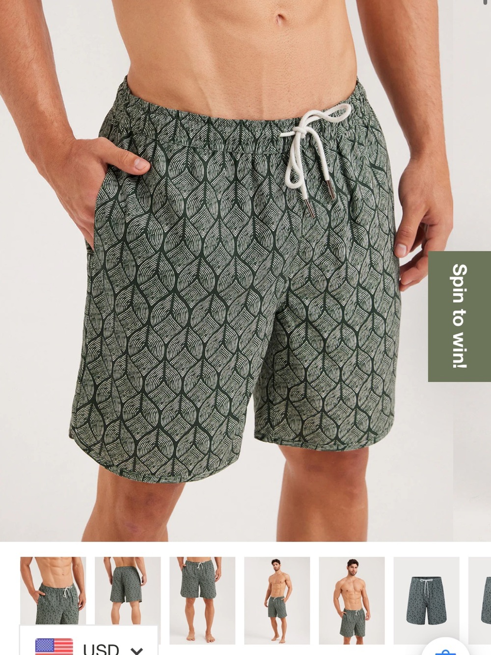 Men's Green Patterned Swim Trunks with Drawstring